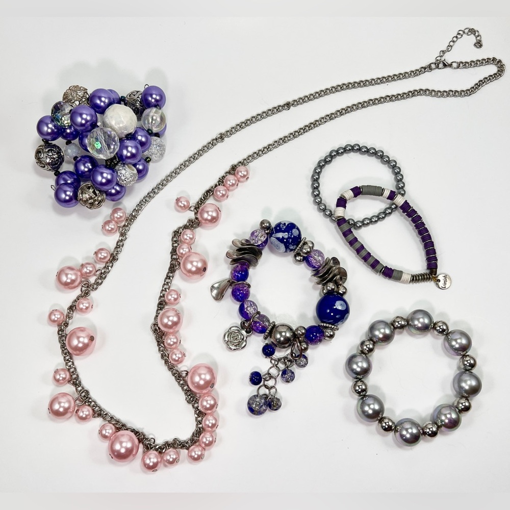 Sparkly Beaded Jewelry Set in Pink, Purple, & Silver - Necklace & 5 Bracelets!